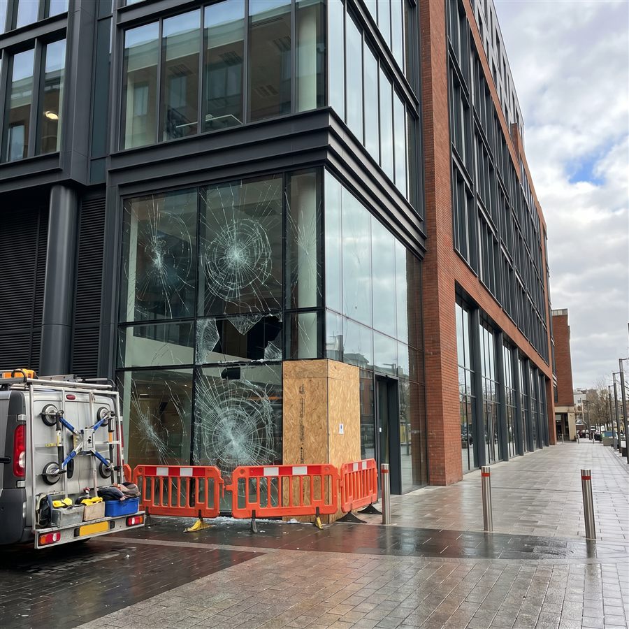 Curtain Walling Repair by the PrimeFab team that covers Manchester, before