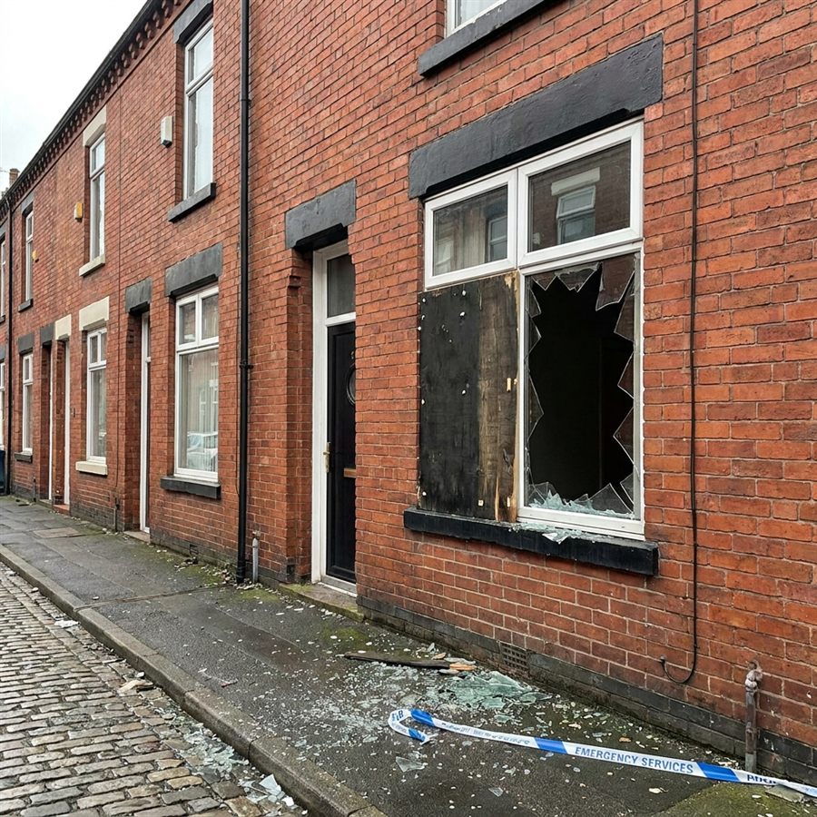 Terraced house with a smashed window before emergency boarding up