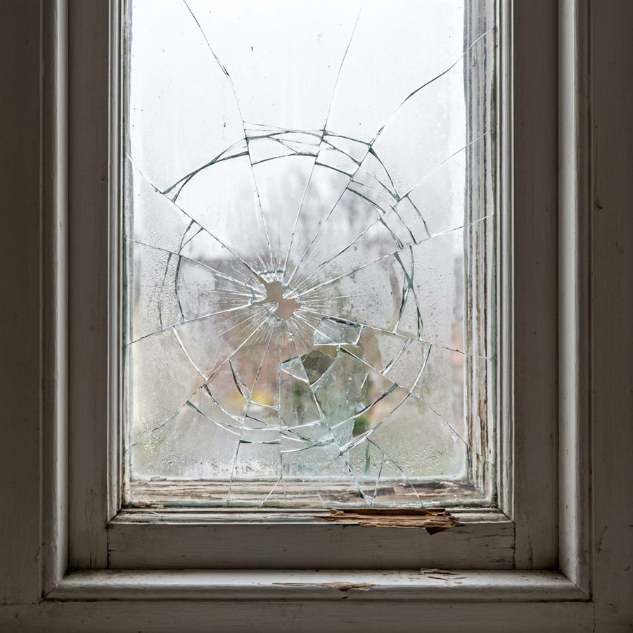 Smashed single-glazed window pane before emergency glass replacement