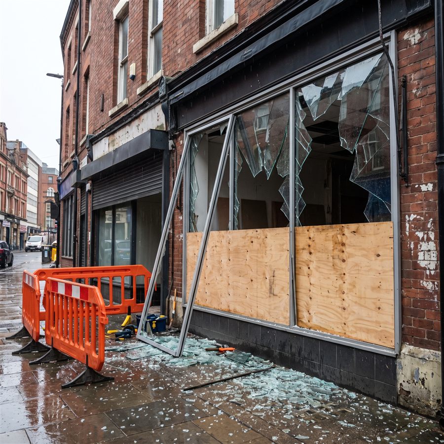 Frontage boarded & secured in Greater Manchester - before PrimeFab attended