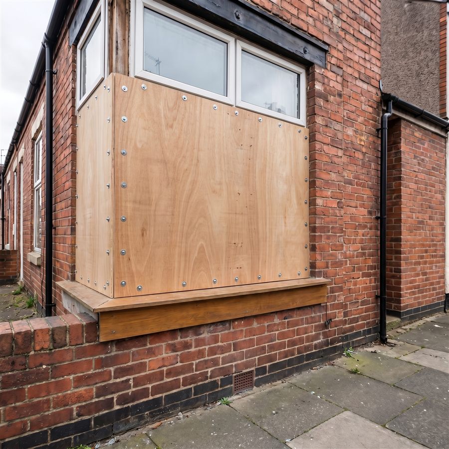 Smashed Window Boarded by the PrimeFab team that covers Oldham, after