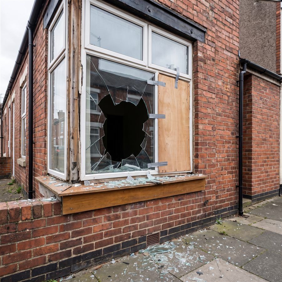 Smashed Window Boarded by the PrimeFab team that covers Oldham, before