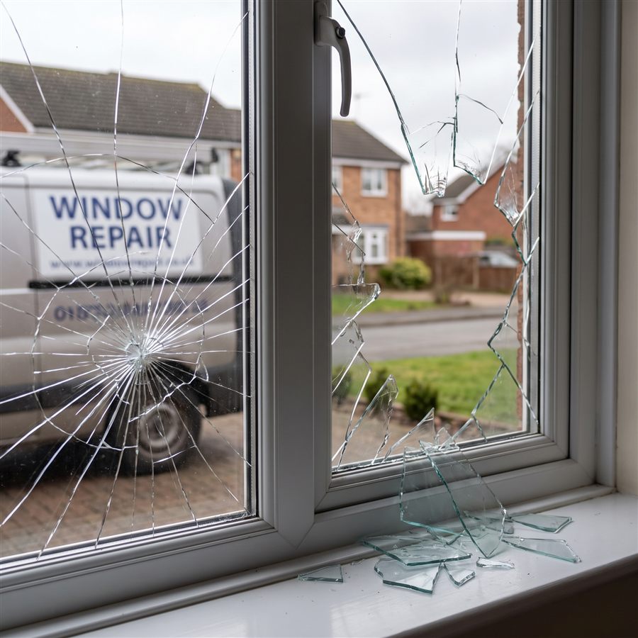 Smashed Window Reglazed by the PrimeFab team that covers Oldham, before