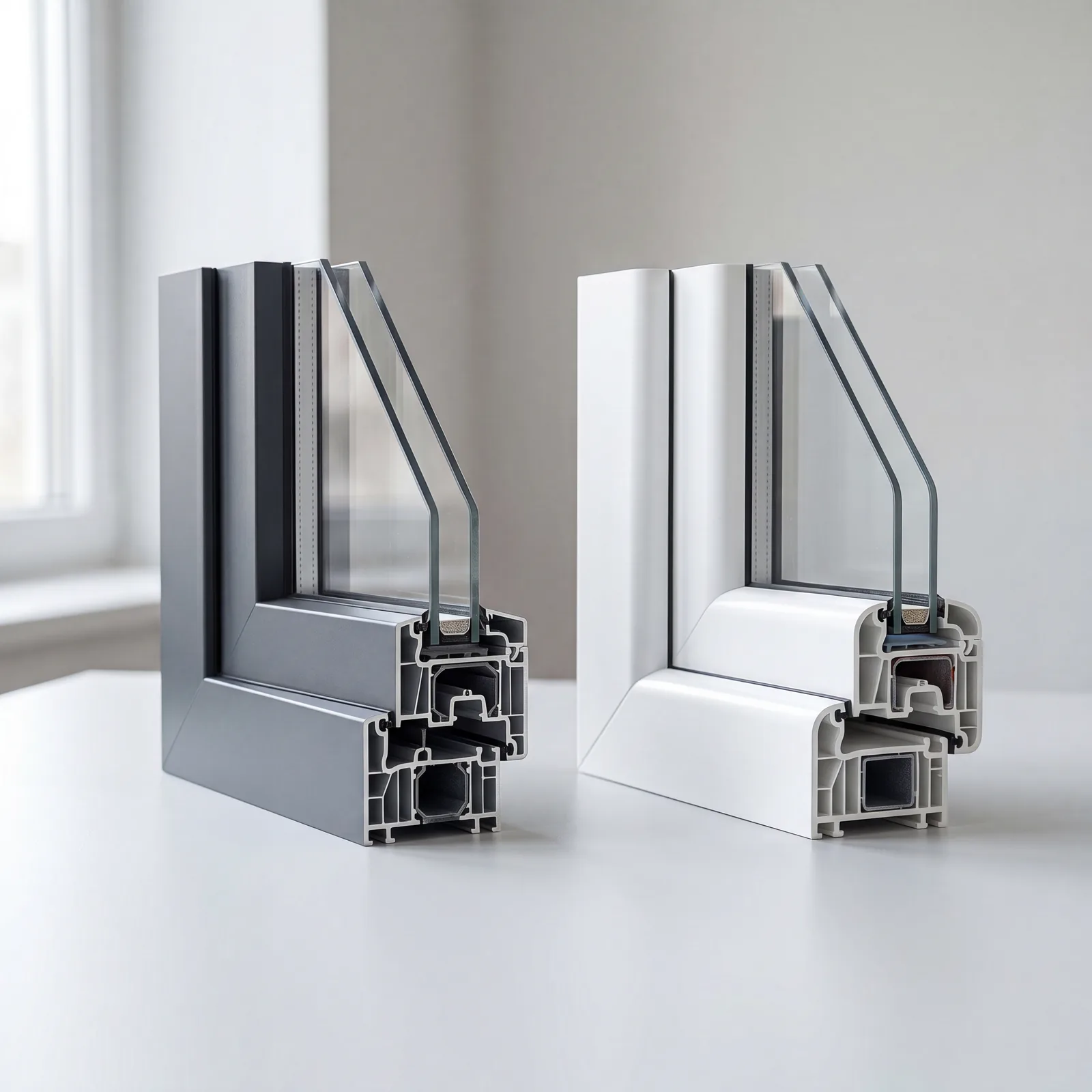 Close-up comparison of slim aluminium and white uPVC window frame profiles
