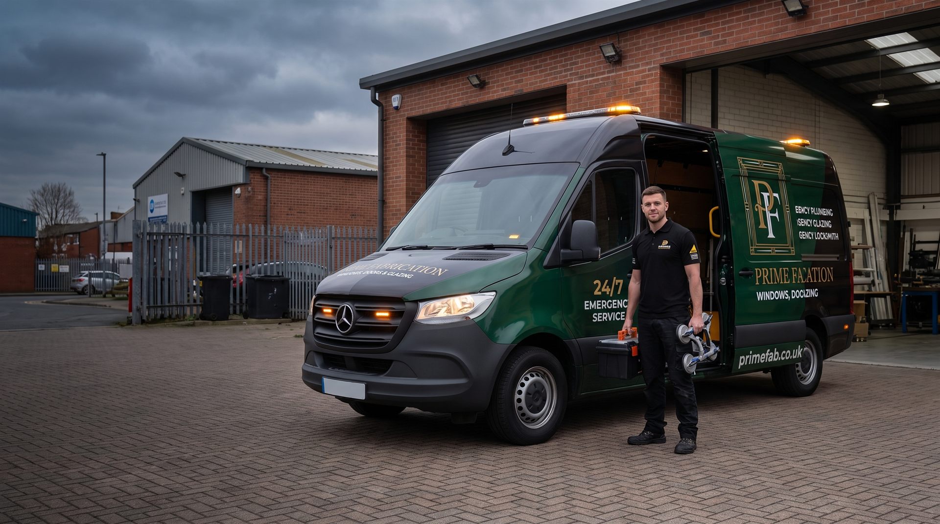 PrimeFab 24/7 emergency response van and glazier leaving the Trafford Park workshop