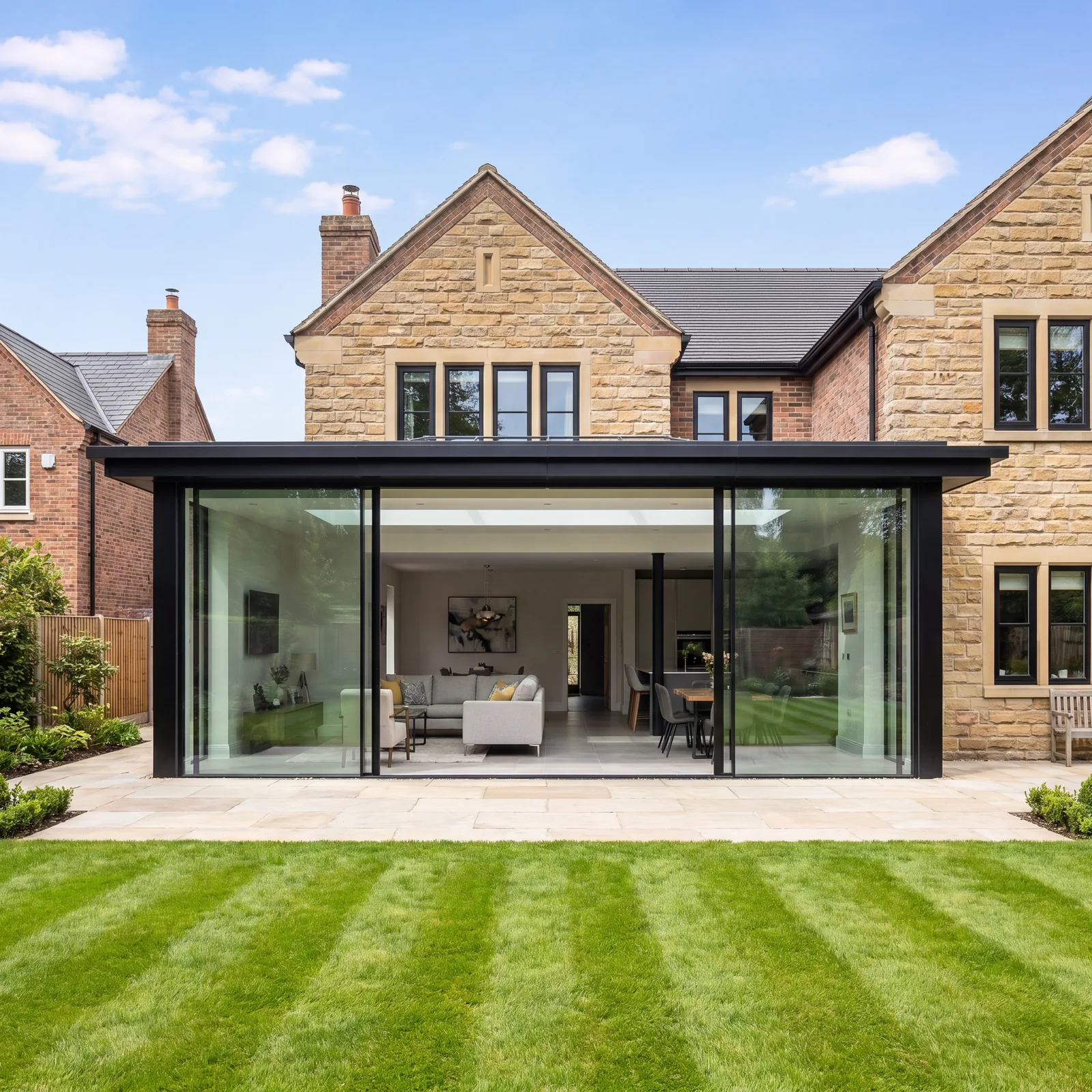 Black aluminium sliding doors on a rear extension in Alderley Edge