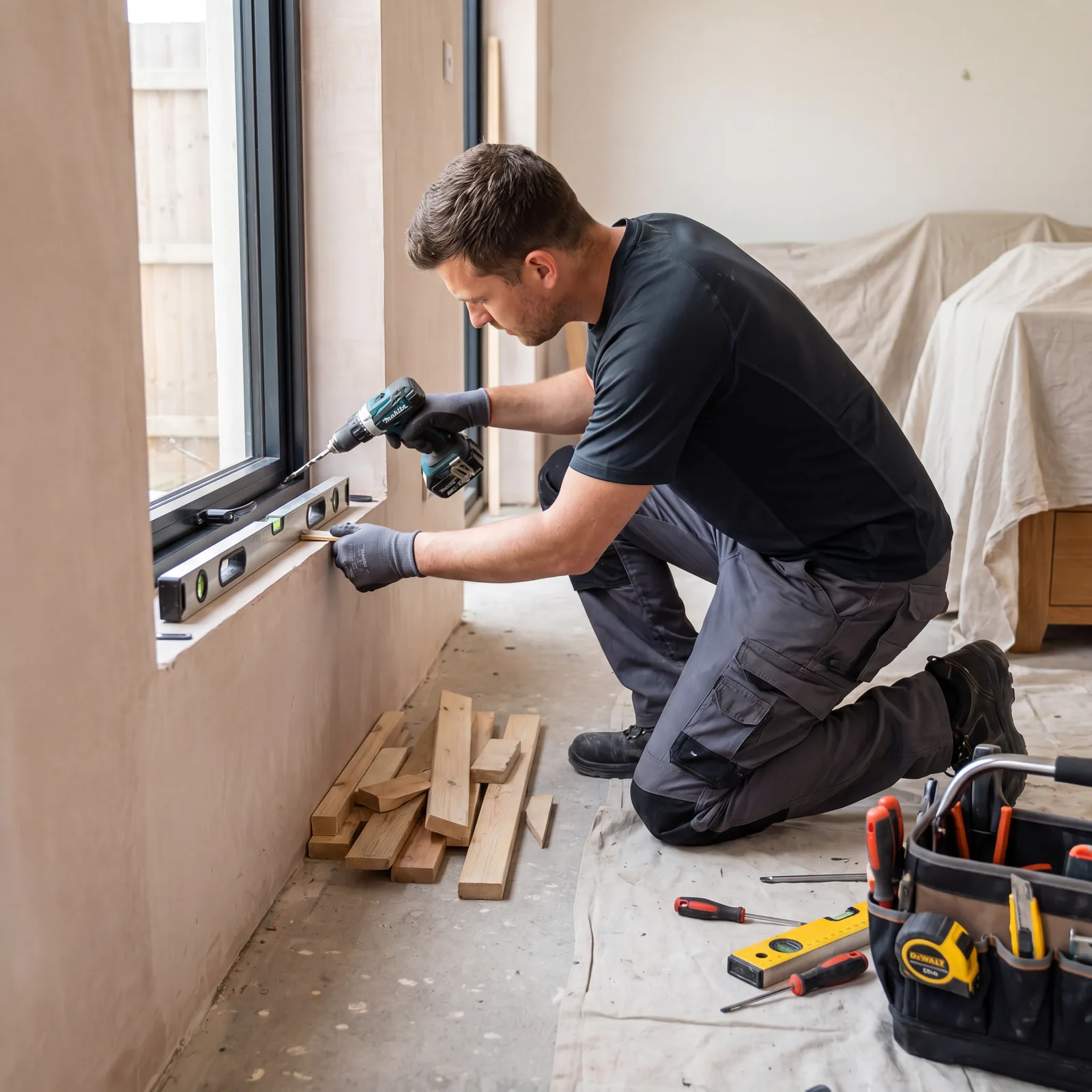 Engineer repairing and adjusting an aluminium window locking mechanism
