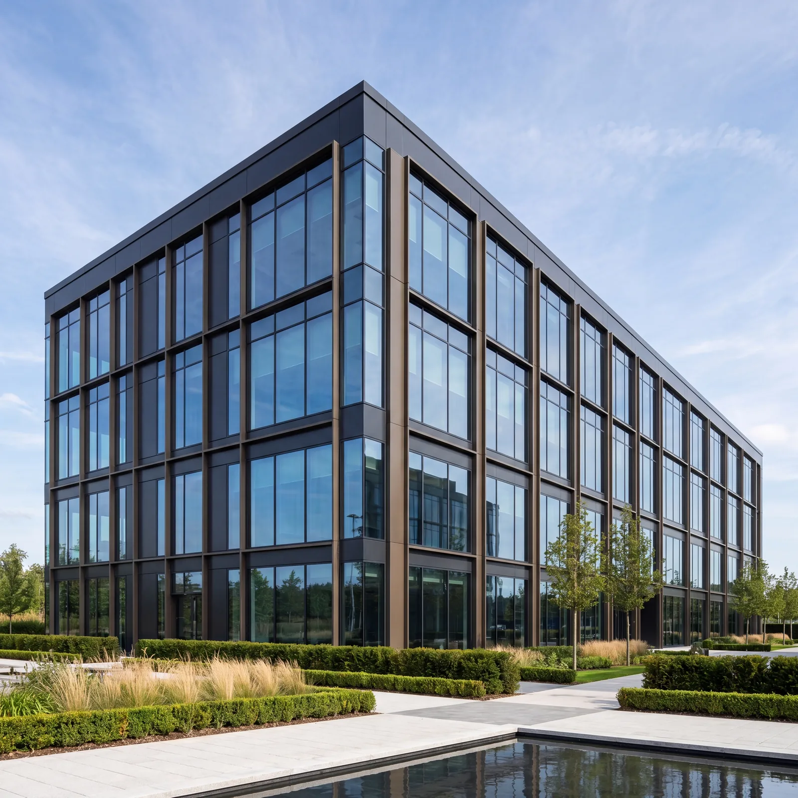 Modern office building finished with aluminium curtain walling